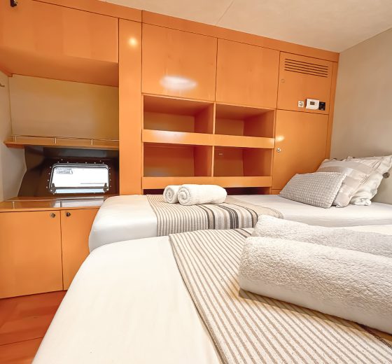 Zorba catamaran interior twin cabin onboard