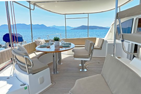 Zorba catamaran outdoor dining area on deck