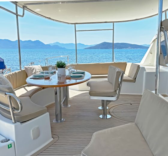 Zorba catamaran outdoor dining area on deck