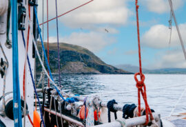 Zuza expedition yacht onboard view on deck sailing in the Hebrides Scotland