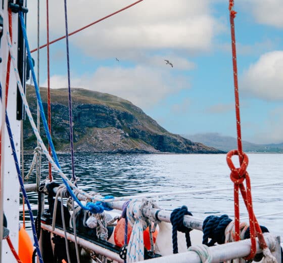 Zuza expedition yacht onboard view on deck sailing in the Hebrides Scotland
