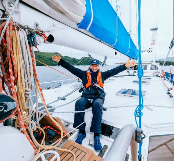 Zuza happy female solo sailor on deck life on board sailing Scotland